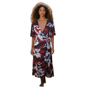 JAPNA BURGUNDY, NAVY, BLUE, & WHITE FLORAL WRAP DRESS SZ.XS EUC
